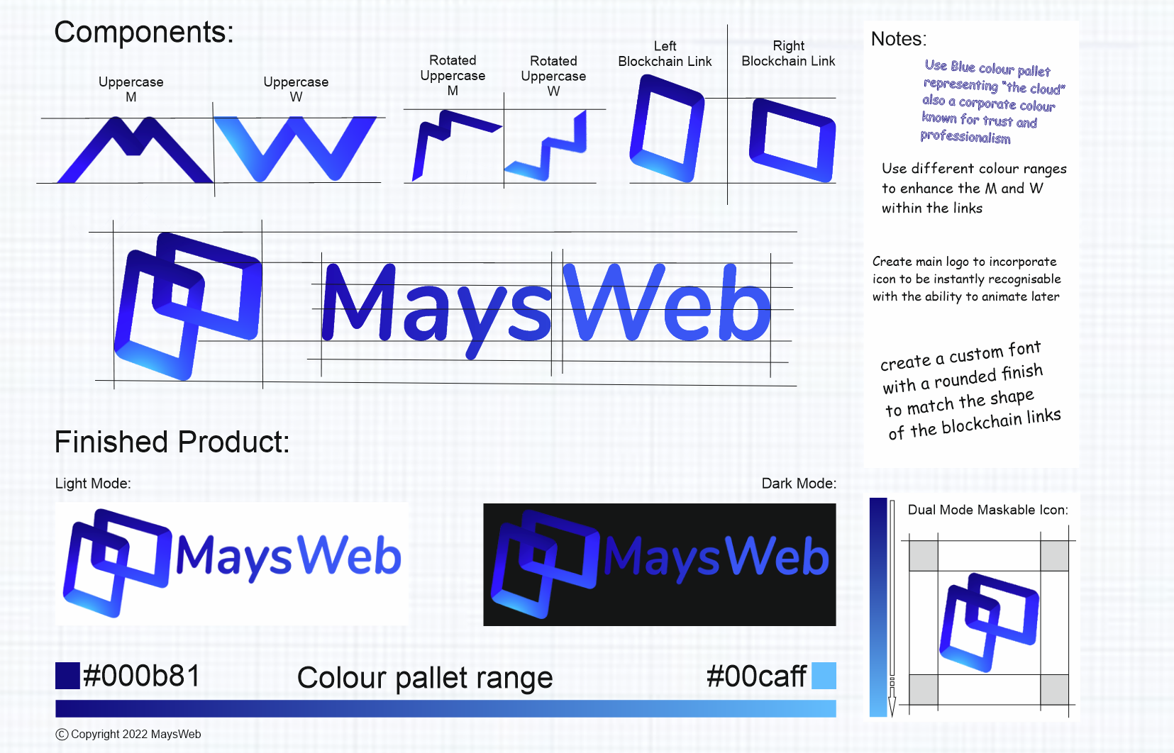 MaysWeb brand guidelines showing logo components, light/dark modes, and design specifications